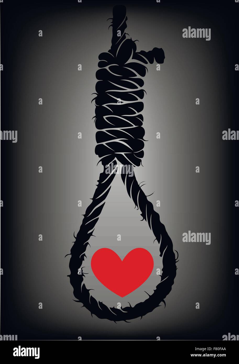 Old rope with hangman's noose and heart Stock Vector