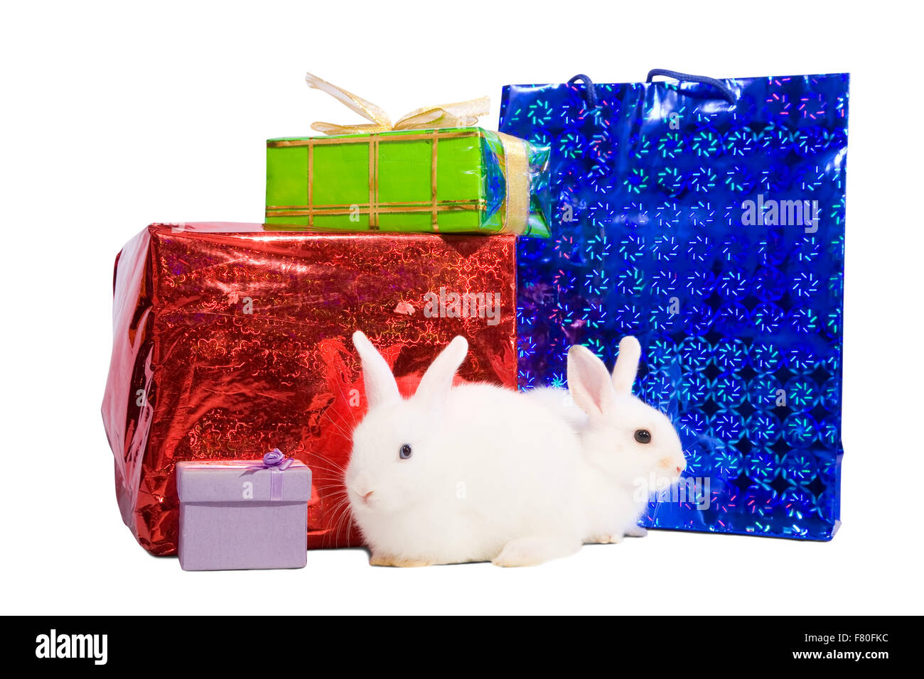 Two white rabbits with gifts. Isolated on white background Stock Photo ...