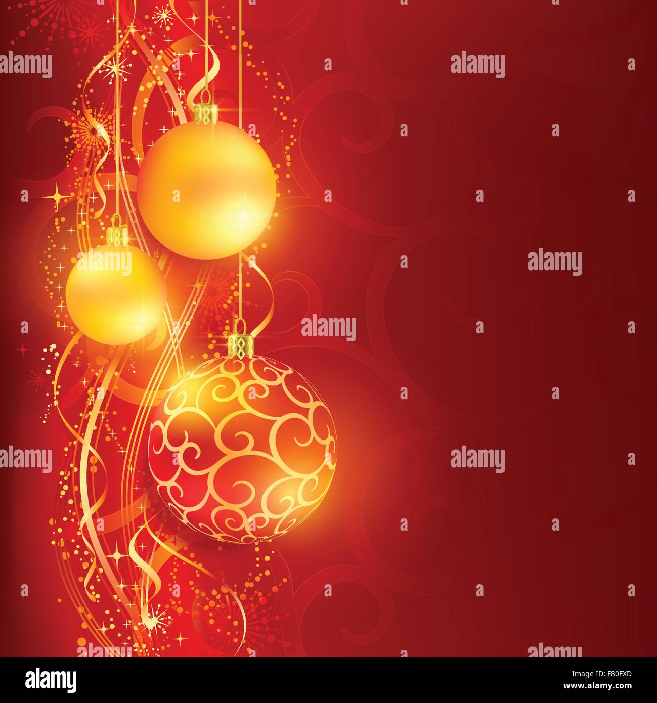 Red golden Christmas background with hanging Christmas balls Stock ...