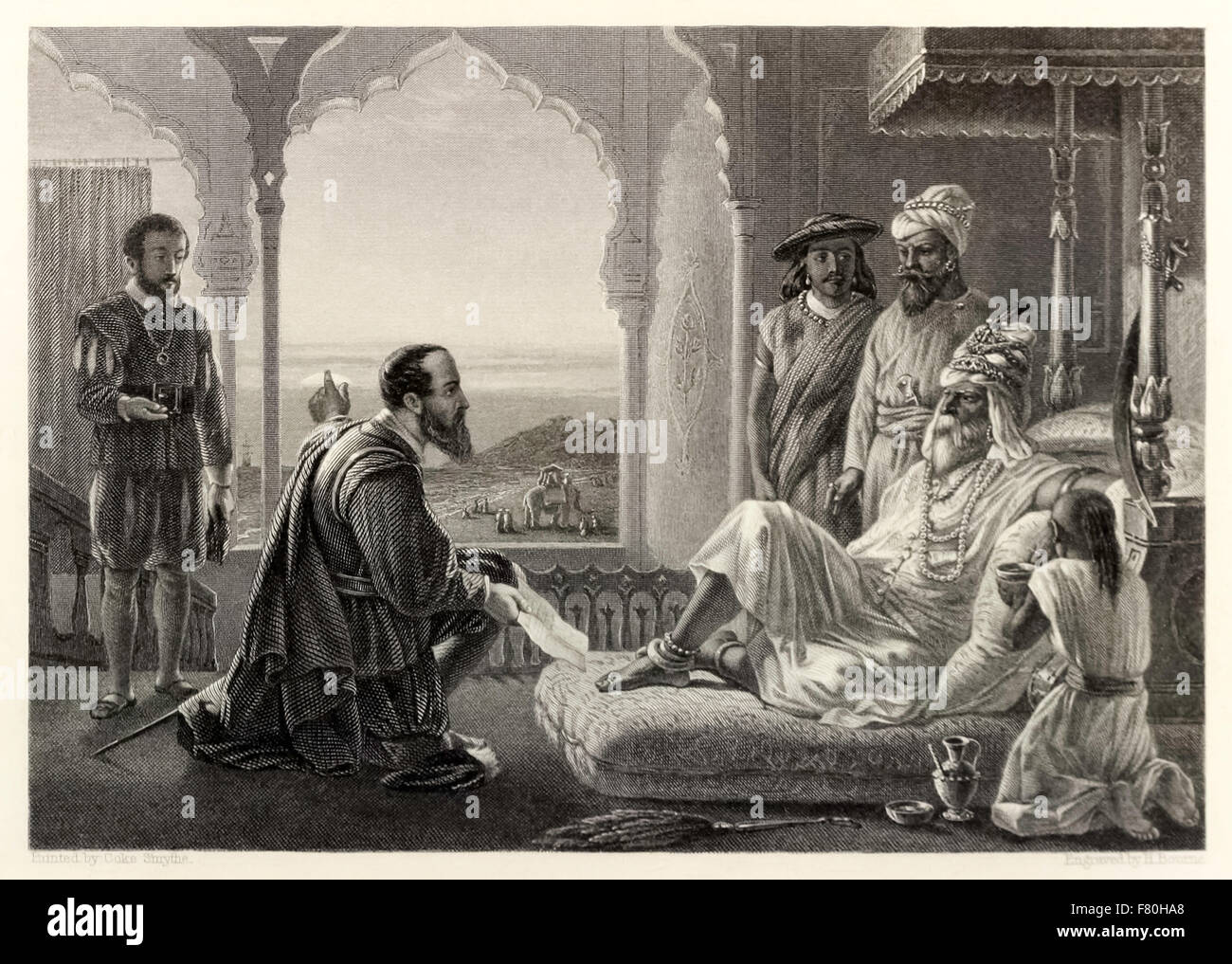 'Vasco da Gama and the Zamorin of Calicut – Opening up of direct European trade with India.’ The Portuguese explorer arrives in Calicut, Kerala in Southern India for the first time in 1498 and is granted an audience before the King of Calicut. See description for more information. Stock Photo