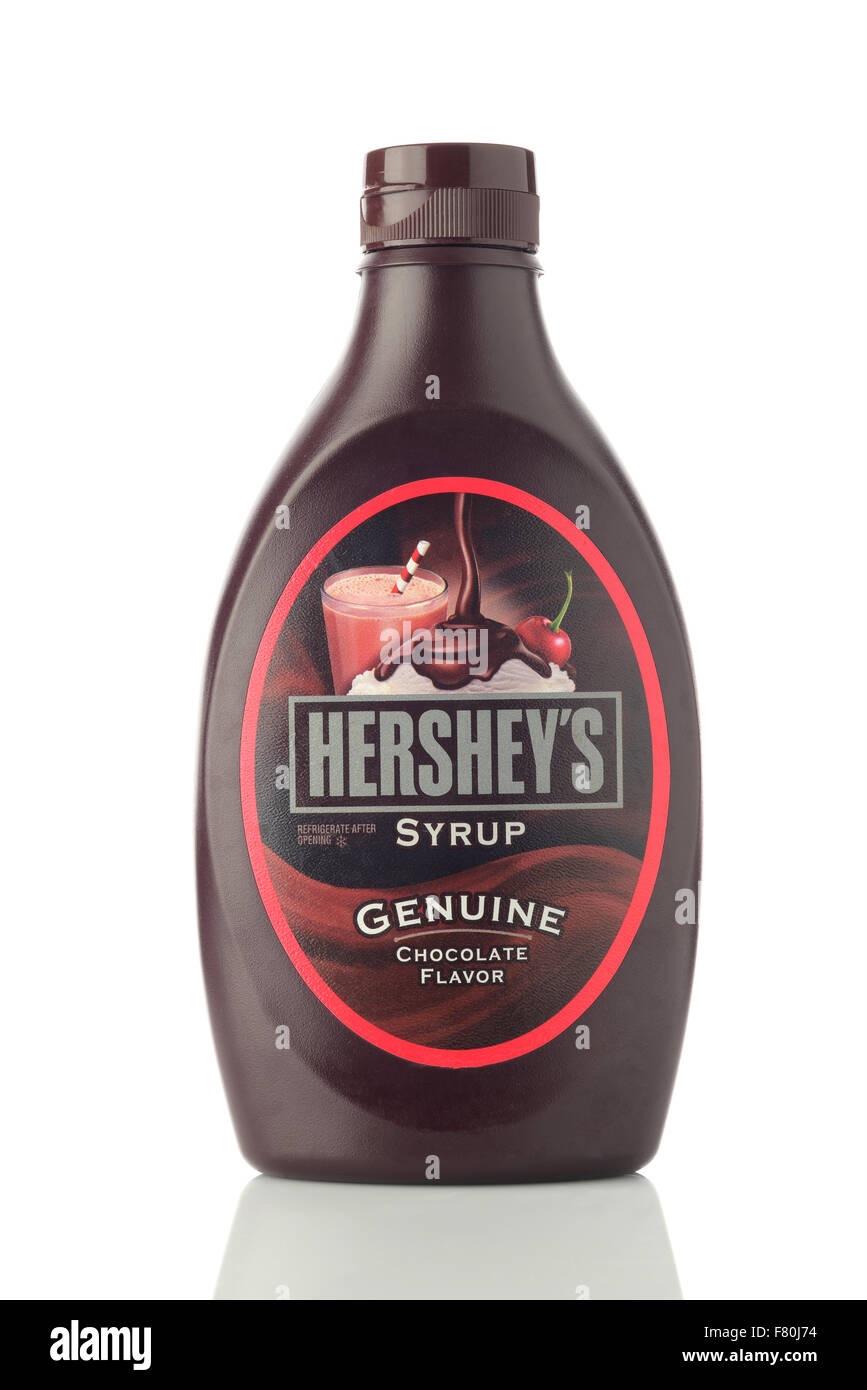 Hershey's Chocolate Syrup on White Background Stock Photo