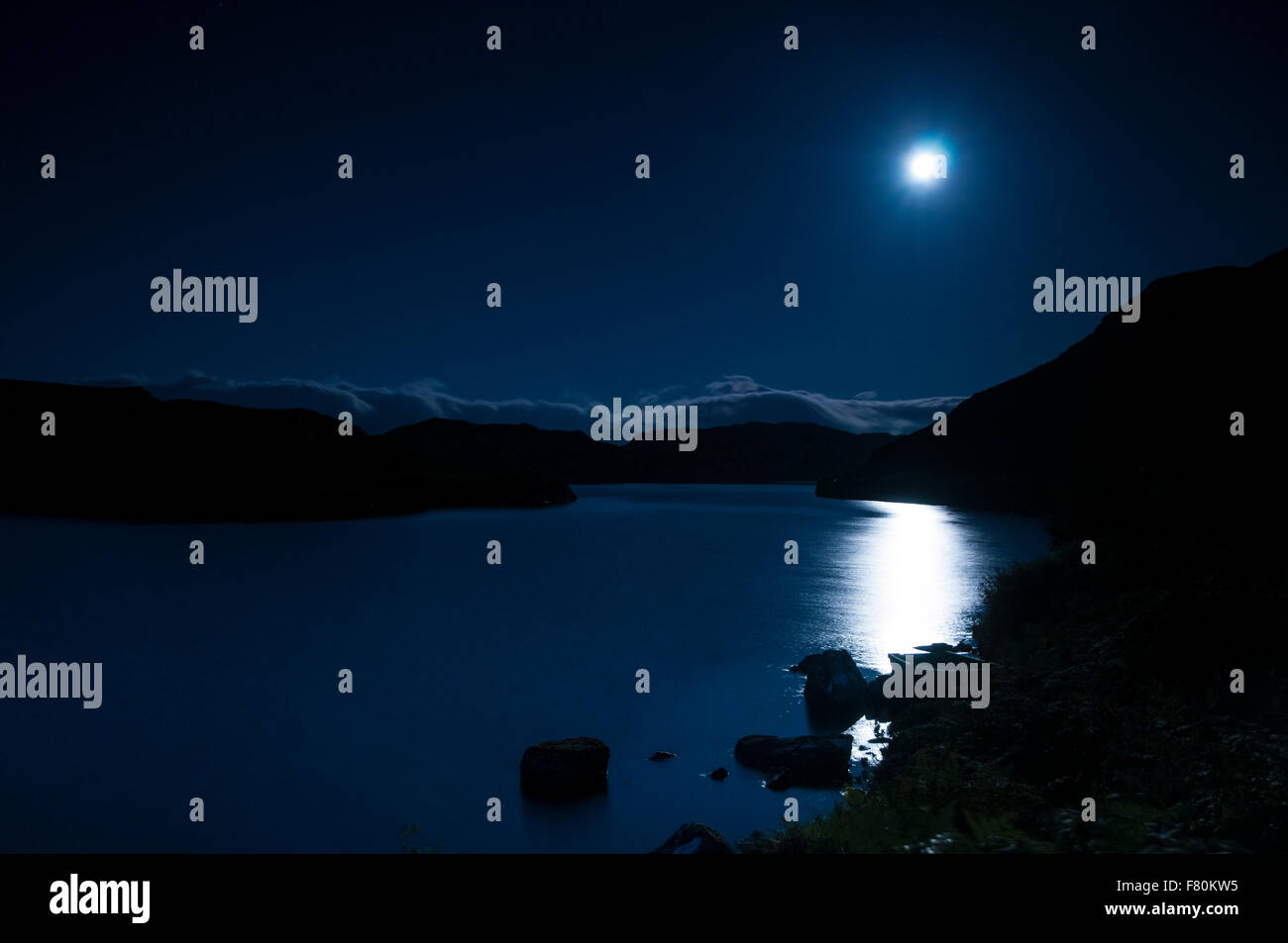 Loch nam Brac under a full moon. Tarbet, Sutherland, Scotland. August. Stock Photo
