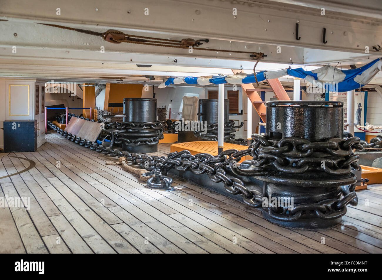 Anchor chain at the lower deck of HMS Warrior at the Portsmouth Historic Dockyard, England, UK Stock Photo