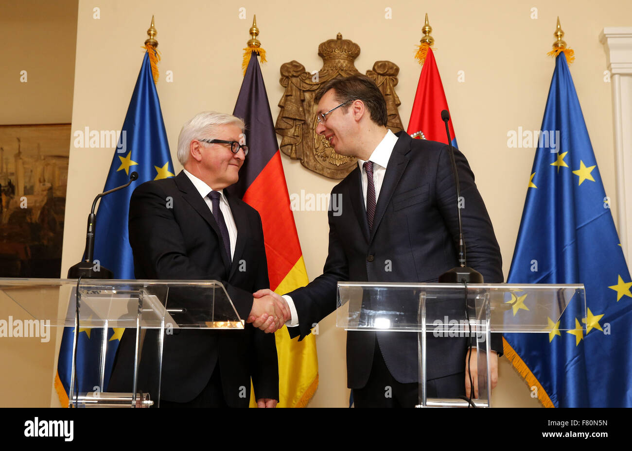 Belgrade. 4th Dec, 2015. German Foreign Minister Frank-Walter Steinmeier (L) shakes hands with Serbian Prime Minister Aleksandar Vucic (R) during a press conference after their meeting at the 22nd OSCE Ministerial Council