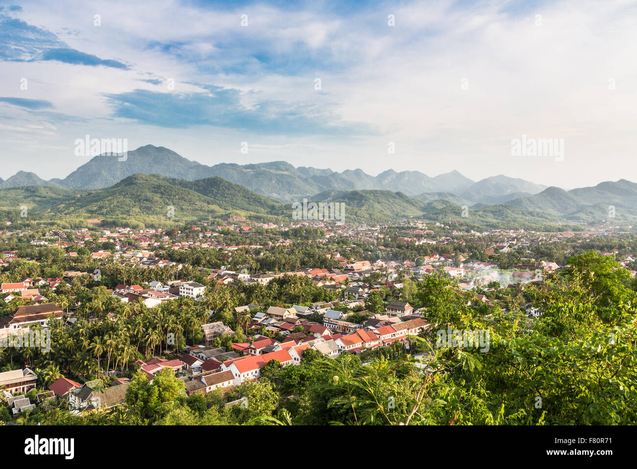 An aerial view of Luang Prabang in Laos. The city lies along the Mekong river and is one of the counrtry main travel destination Stock Photo