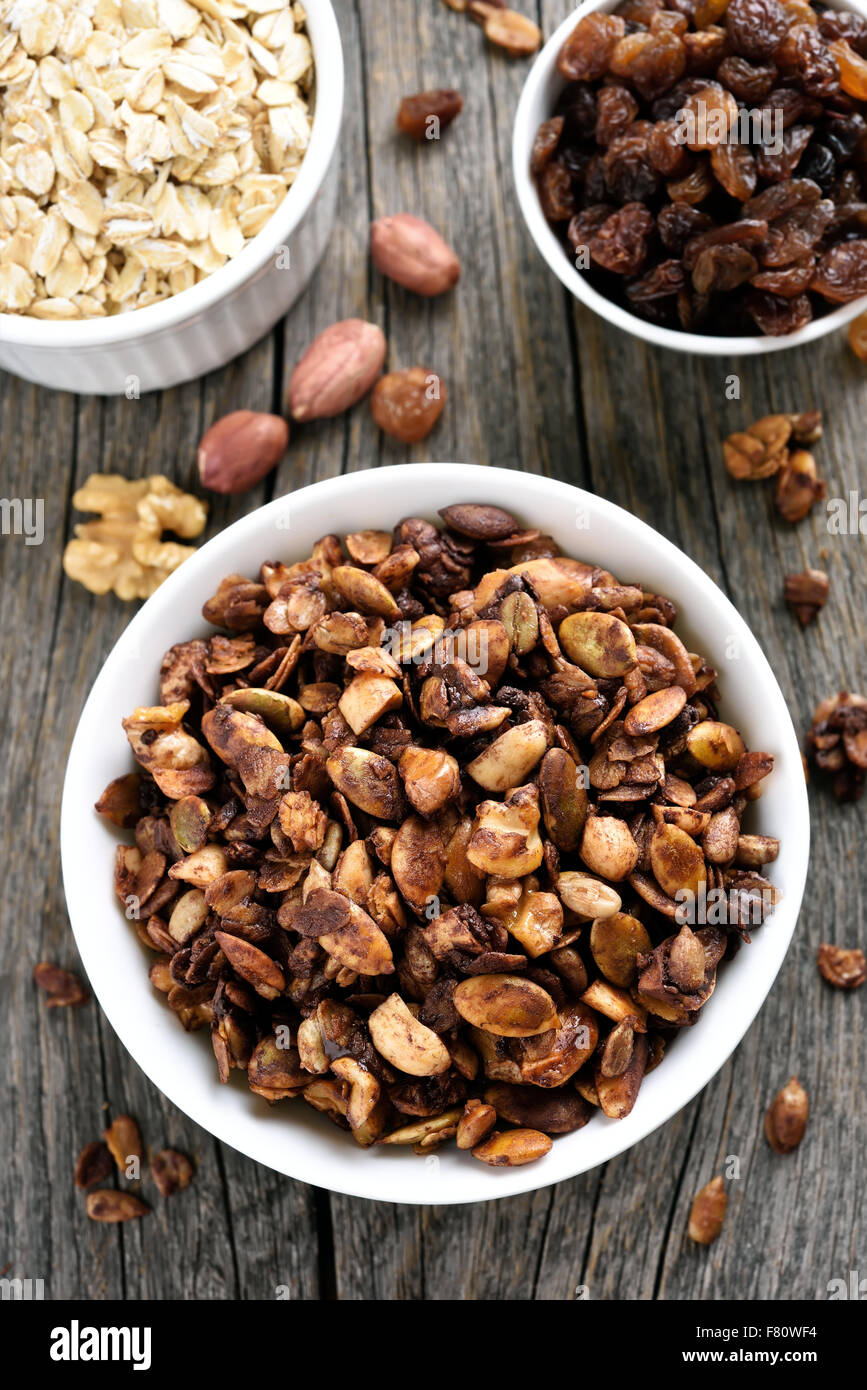 Chocolate granola and ingredients, top view Stock Photo Alamy