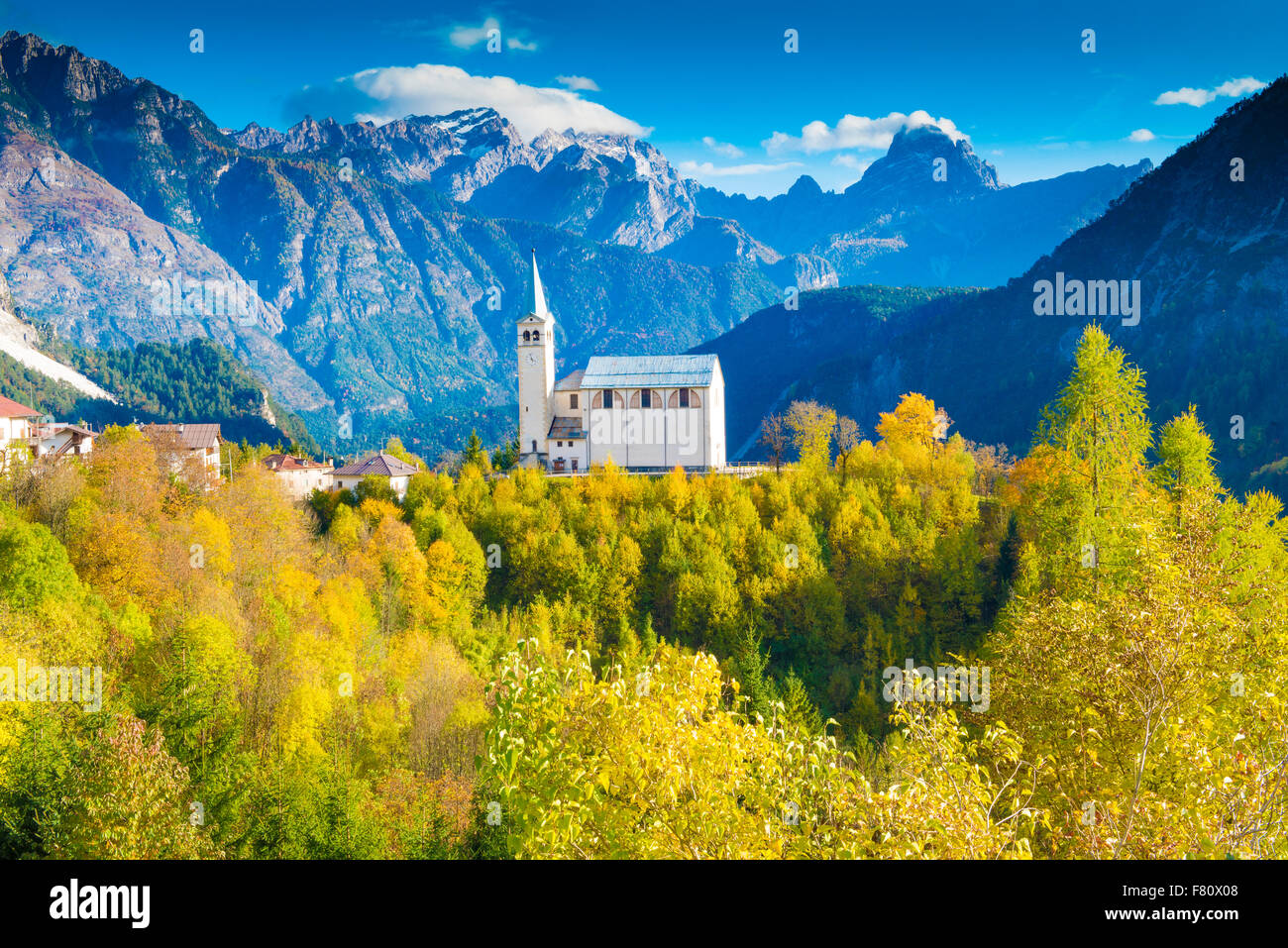 Church and Dolomite Peaks, near Cortina D'Ampezzo, Italy, Italian Alps Stock Photo