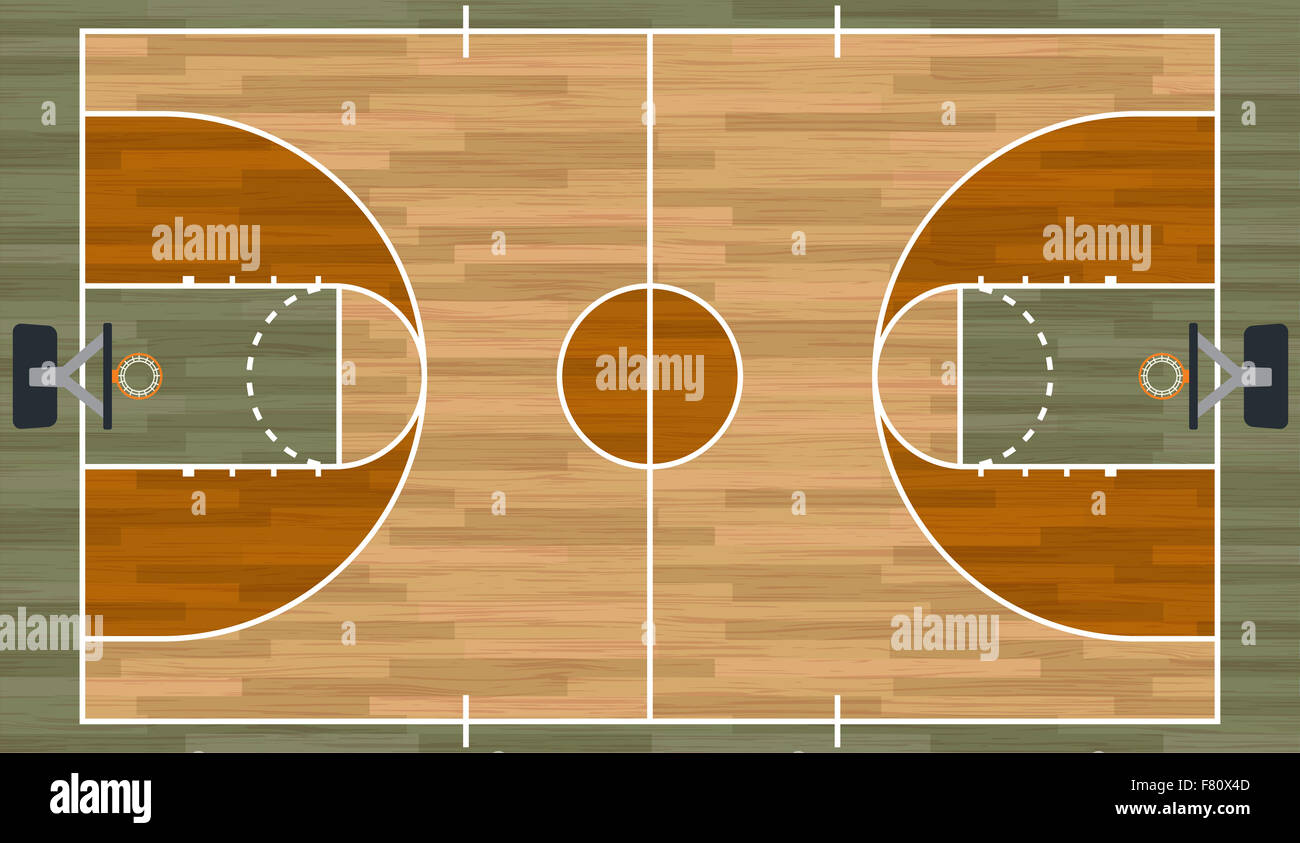 A realistic hardwood textured basketball court illustration Stock Photo