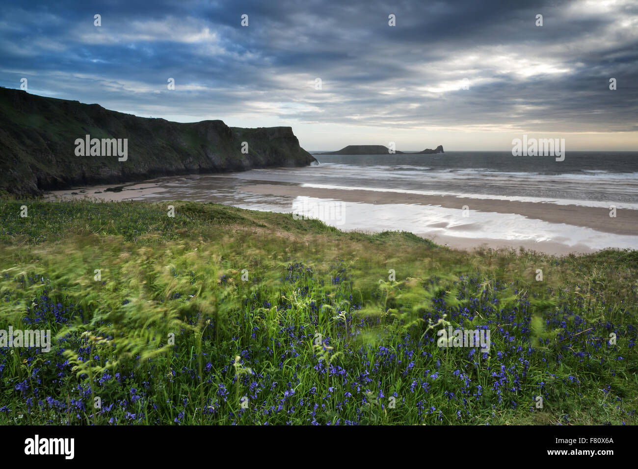 Summer landscape Worm's Head and Rhosilli Bay in Wales Stock Photo