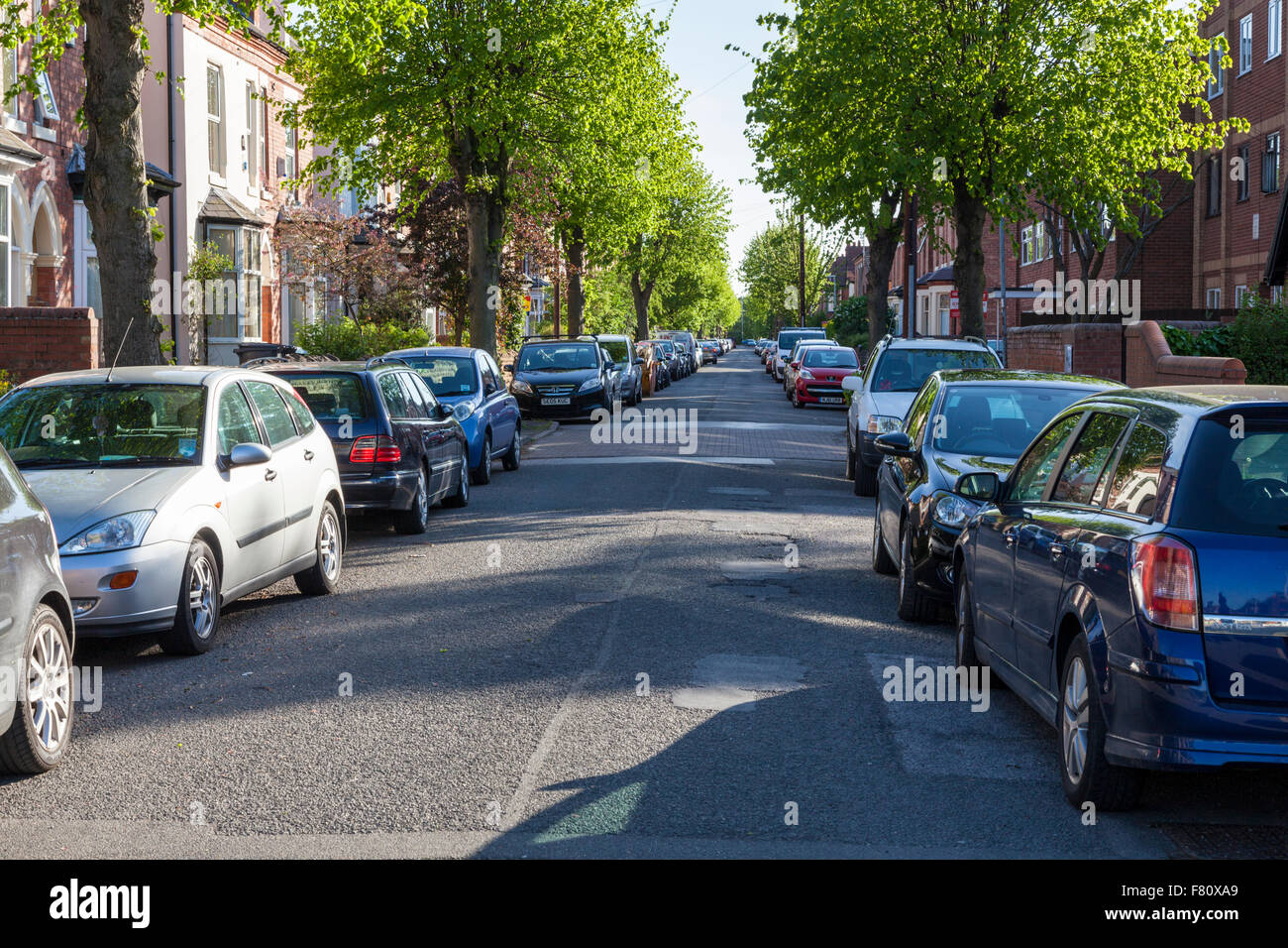On street parking. A tree lined road with cars parked on both sides, West Bridgford, Nottinghamshire, England, UK Stock Photo