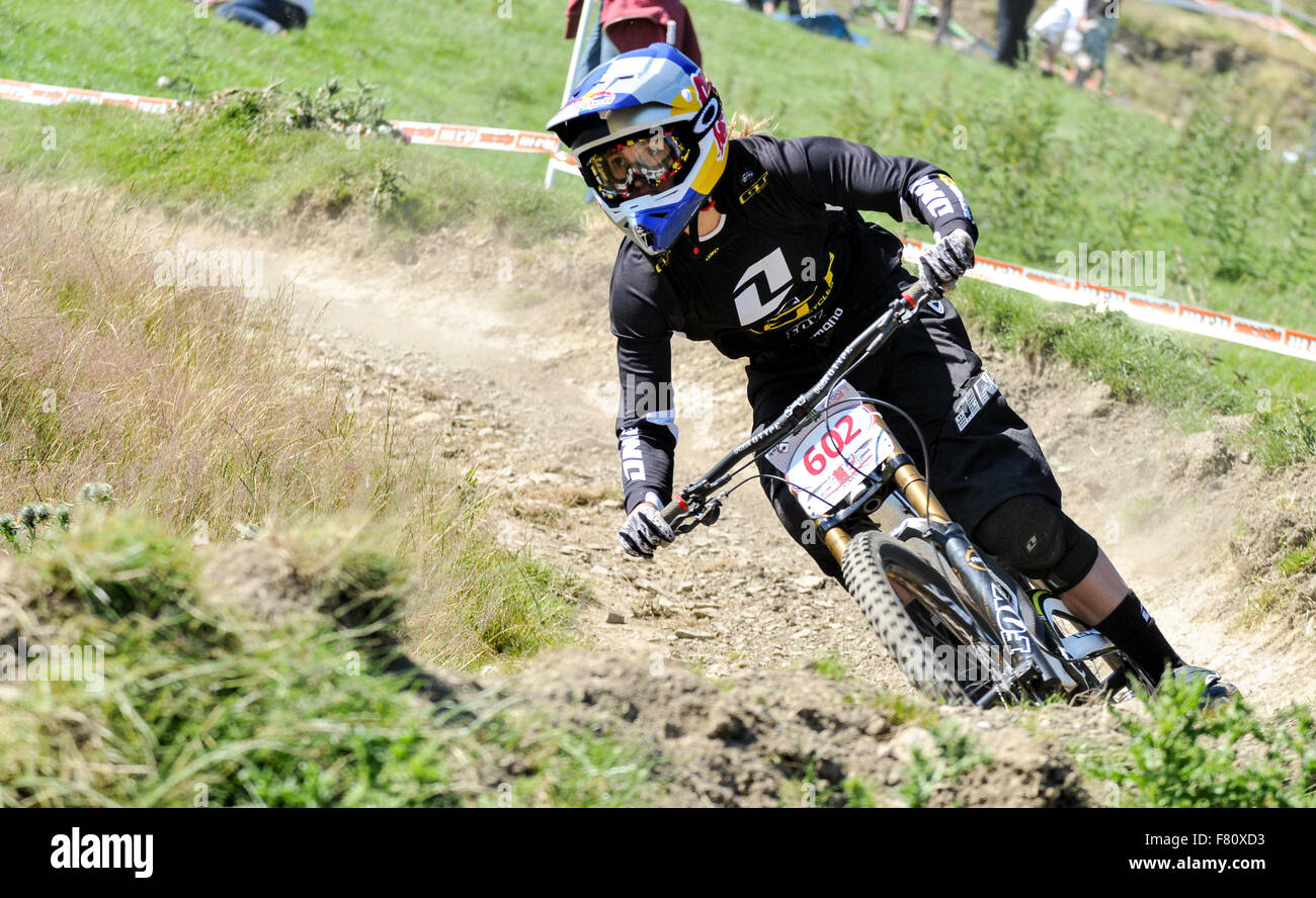Rachel Atherton Competitive Downhill Mountain Bike race in the UK, Wales, Great Britain Stock Photo