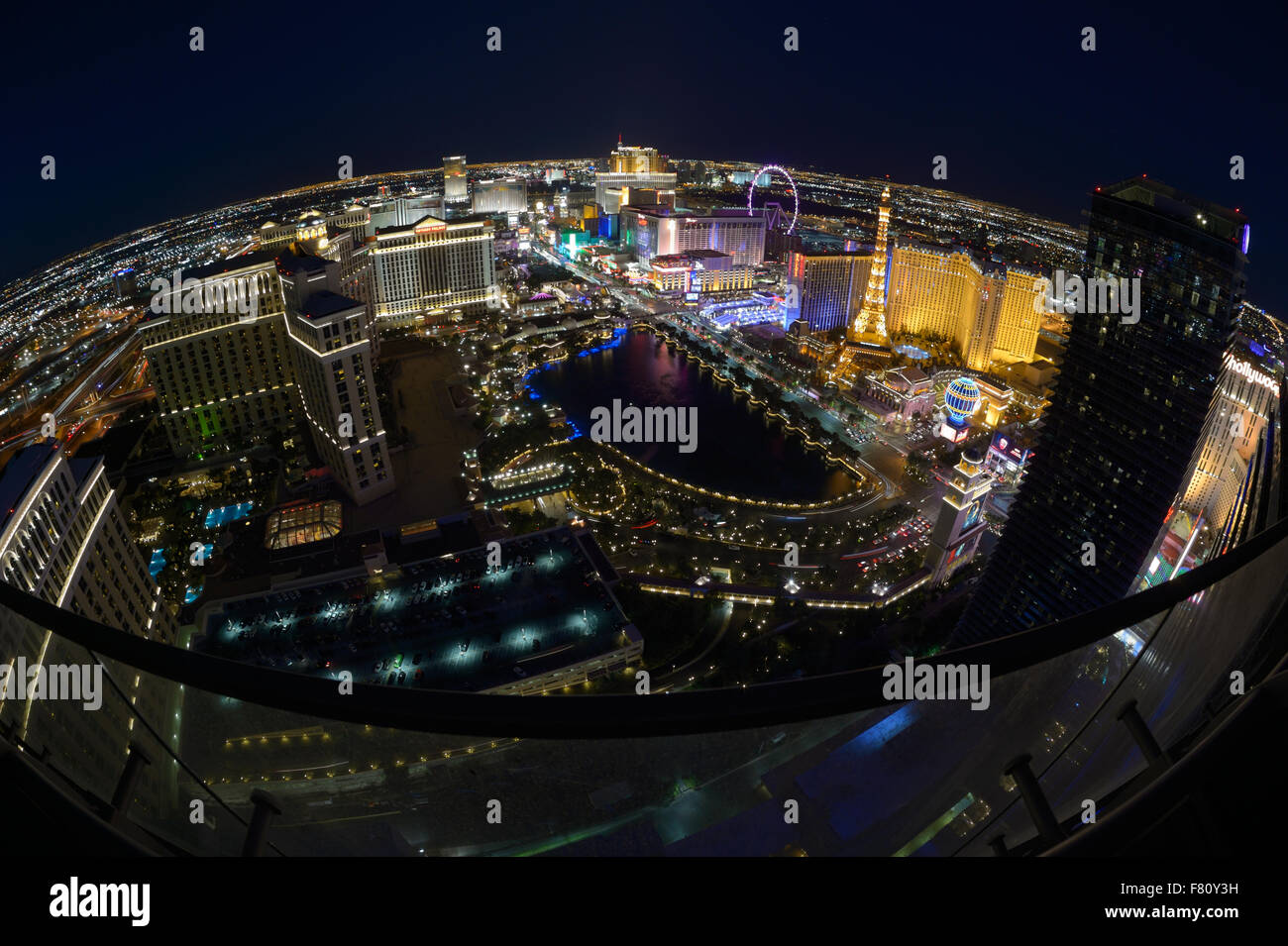 The South Strip at twilight, Las Vegas NV (elevated fisheye view) Stock Photo