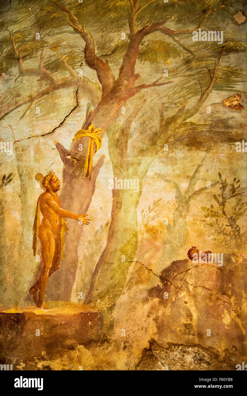 NAPLES, ITALY - MARCH 1:  Ancient roman fresco represented a scene of Roman mythology in the Villa Oplontis: March 1, 2015 in Nap Stock Photo