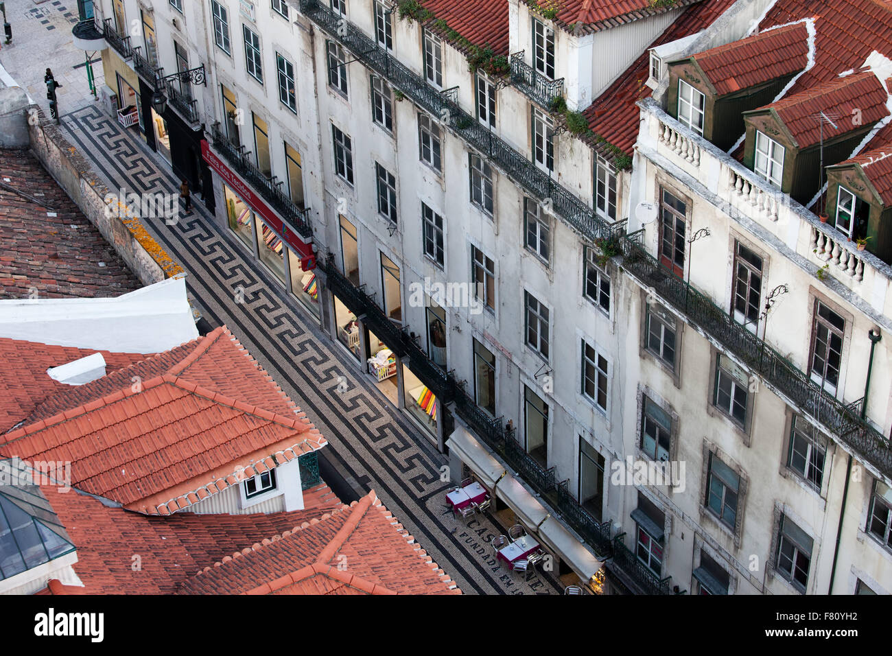 Sidewalk and tenement buildings along Rua Aurea street in Lisbon from above, Portugal Stock Photo