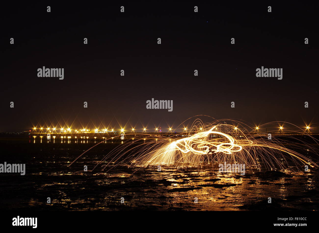 Steel Wool Light Painting on Ryde Beach Isle of Wight Stock Photo