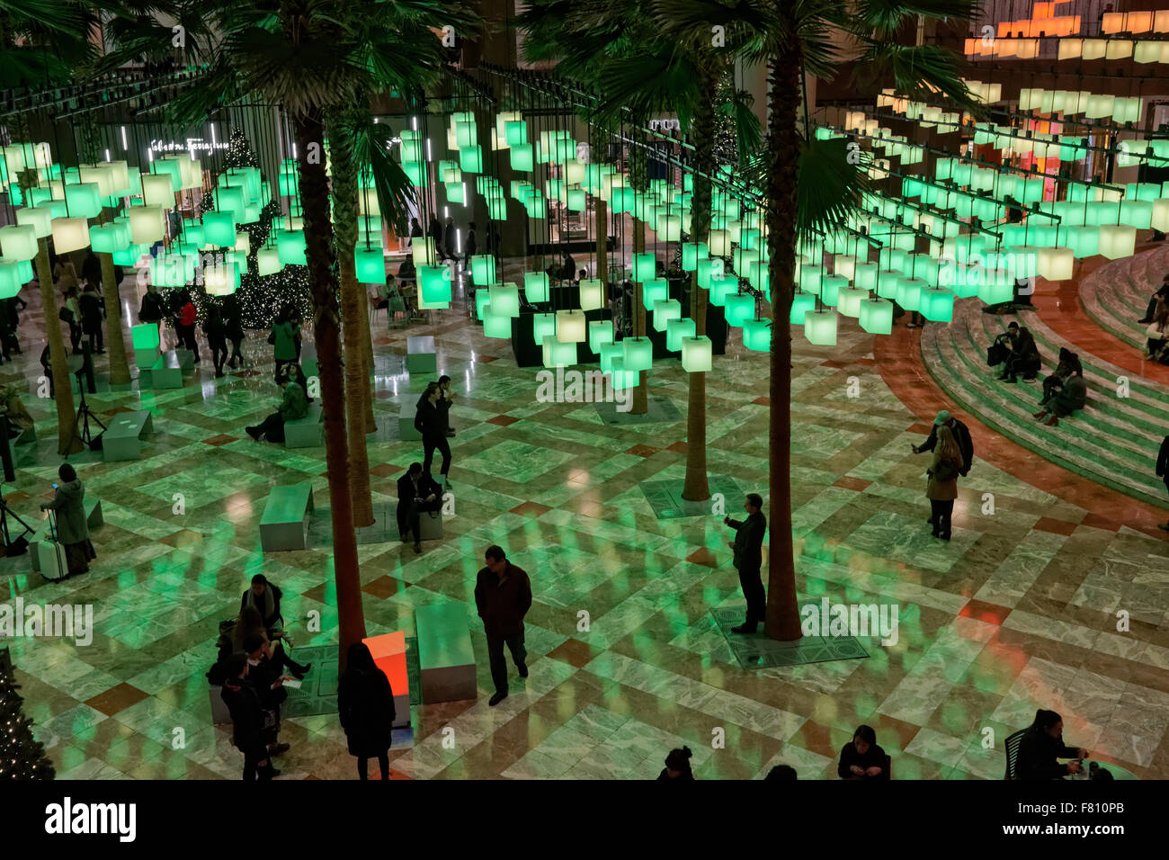 A holiday light display designed by David Rockwell is in the Winter Garden at Brookfield Place in Battery Park City, Manhattan. Stock Photo