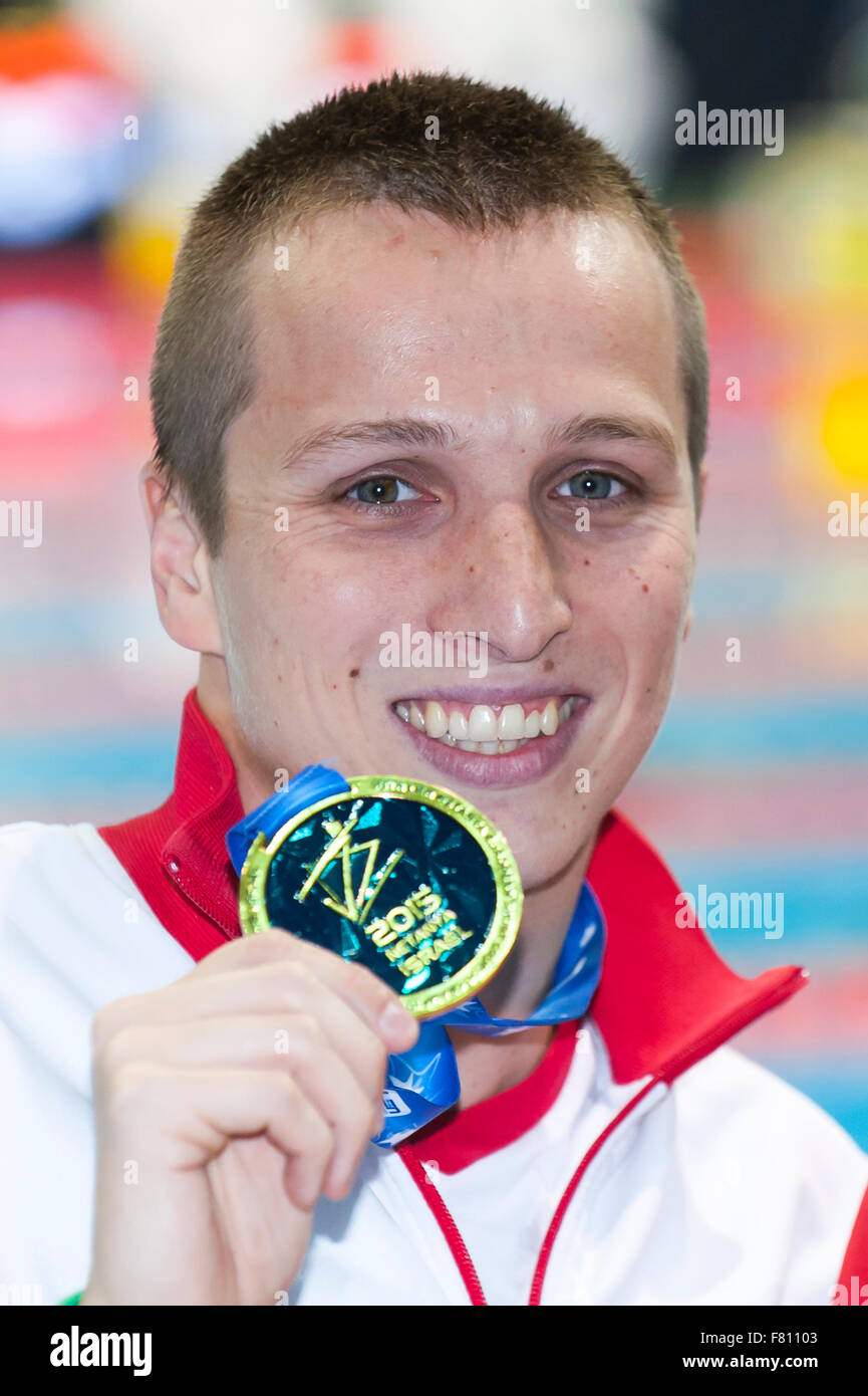 Netanya, Israel. 3rd December, 2015. VERRASZTO David HUN gold medal  Men's 400m medley final  Netanya, Israel, Wingate Institute  LEN European Short Course Swimming Championships  Dec. 2 - 6, 2015 Day02 Dec. 3nd  Nuoto Campionati Europei di nuoto in vasca corta  Photo Insidefoto Credit:  Insidefoto/Alamy Live News Stock Photo