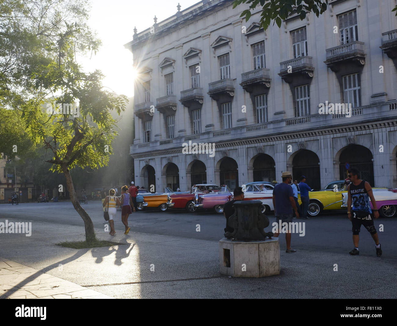 Havana, Cuba. 29th Oct, 2015. Classic old cars are seen lined up for rental to tourists in