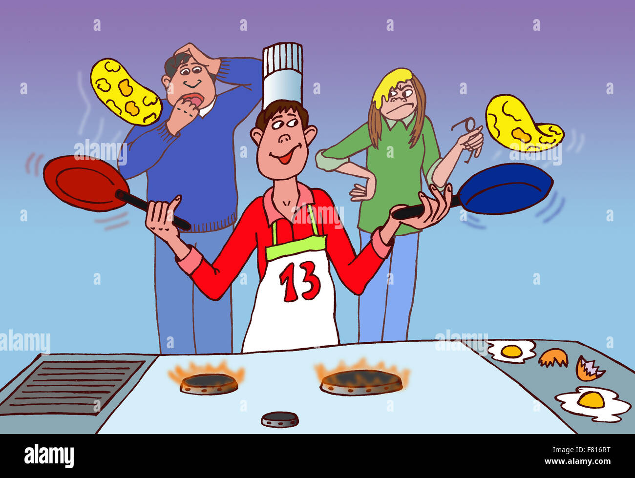 Young cook in the kitchen, making omelets next to his astonished parents. Illustration. Stock Photo