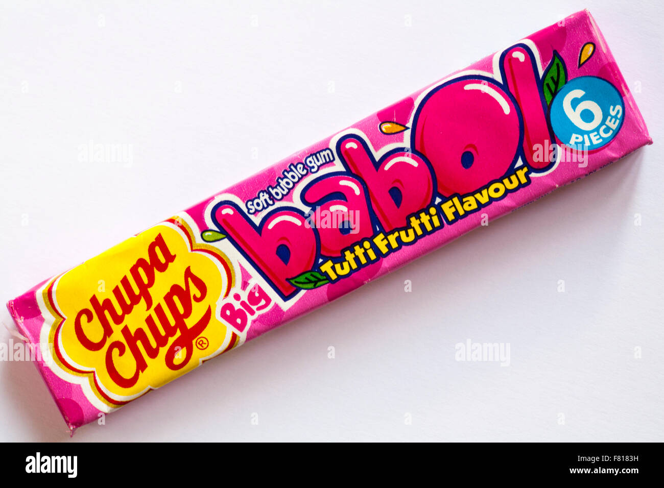 Chupa Chups big Babol soft bubble gum tutti frutti flavour isolated on white background Stock Photo