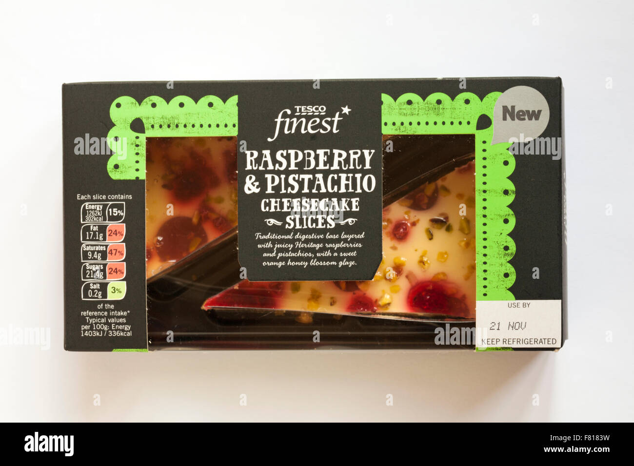 Box Tesco finest Raspberry & Pistachio cheesecake slices isolated on white background Stock Photo