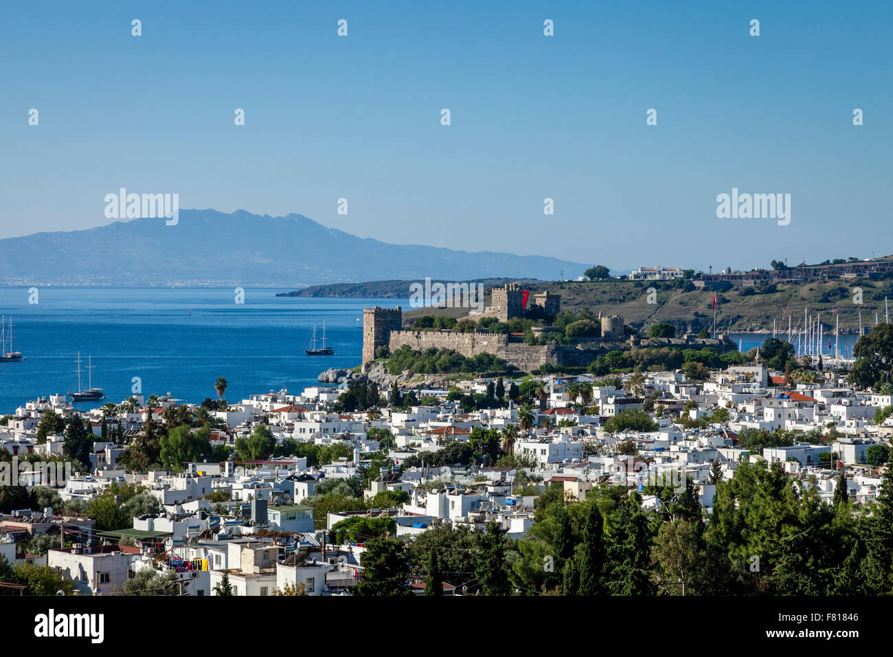 An Elevated View of The City of Bodrum with the Greek Island of Kos in the Backround, Mugla Province, Turkey, Stock Photo
