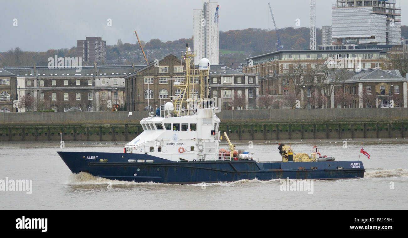 Trinity House's Rapid Intervention Vessel THV Alert heads down the river Thames after paying a short visit to London Stock Photo