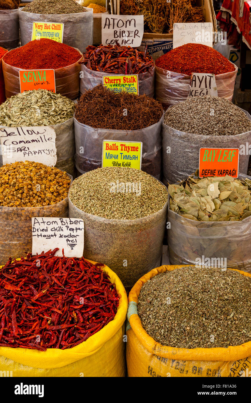 Spice Stall At The Monday Market In Turunc near Marmaris, Mugla Province, Turkey Stock Photo