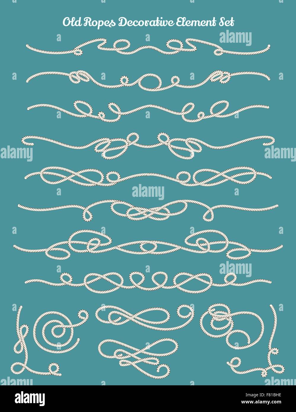 Set of Old Rope Design elements. Drawn in vintage style. Knots, corners, dividers and headers. Stock Vector