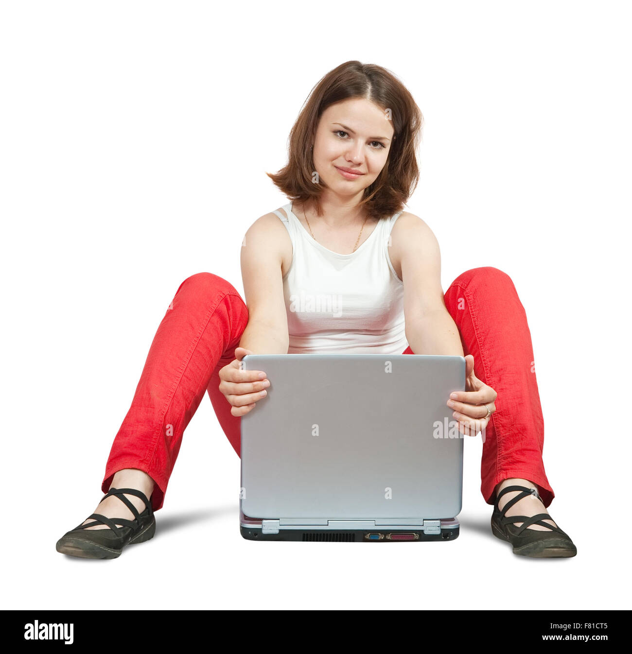 pretty young girl with laptop. Isolated over white Stock Photo - Alamy