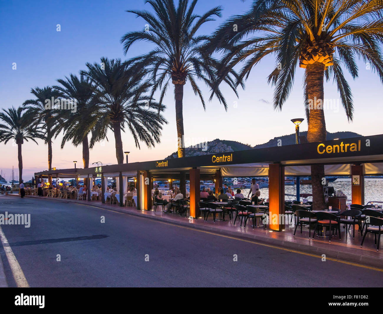 Beach promenade at dusk, Port d&#39;Andratx, Majorca, Balearic Islands, Spain Stock Photo