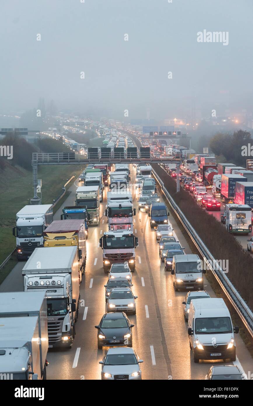 Traffic jam on the A8 in fog, near Stuttgart, Baden-Württemberg, Germany  Stock Photo - Alamy