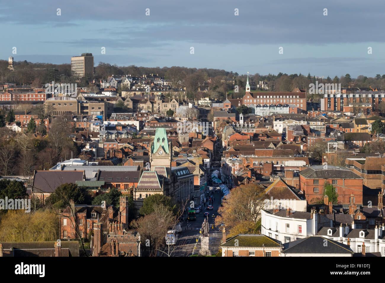 View of Winchester City Centre Skyline and high Street Stock Photo