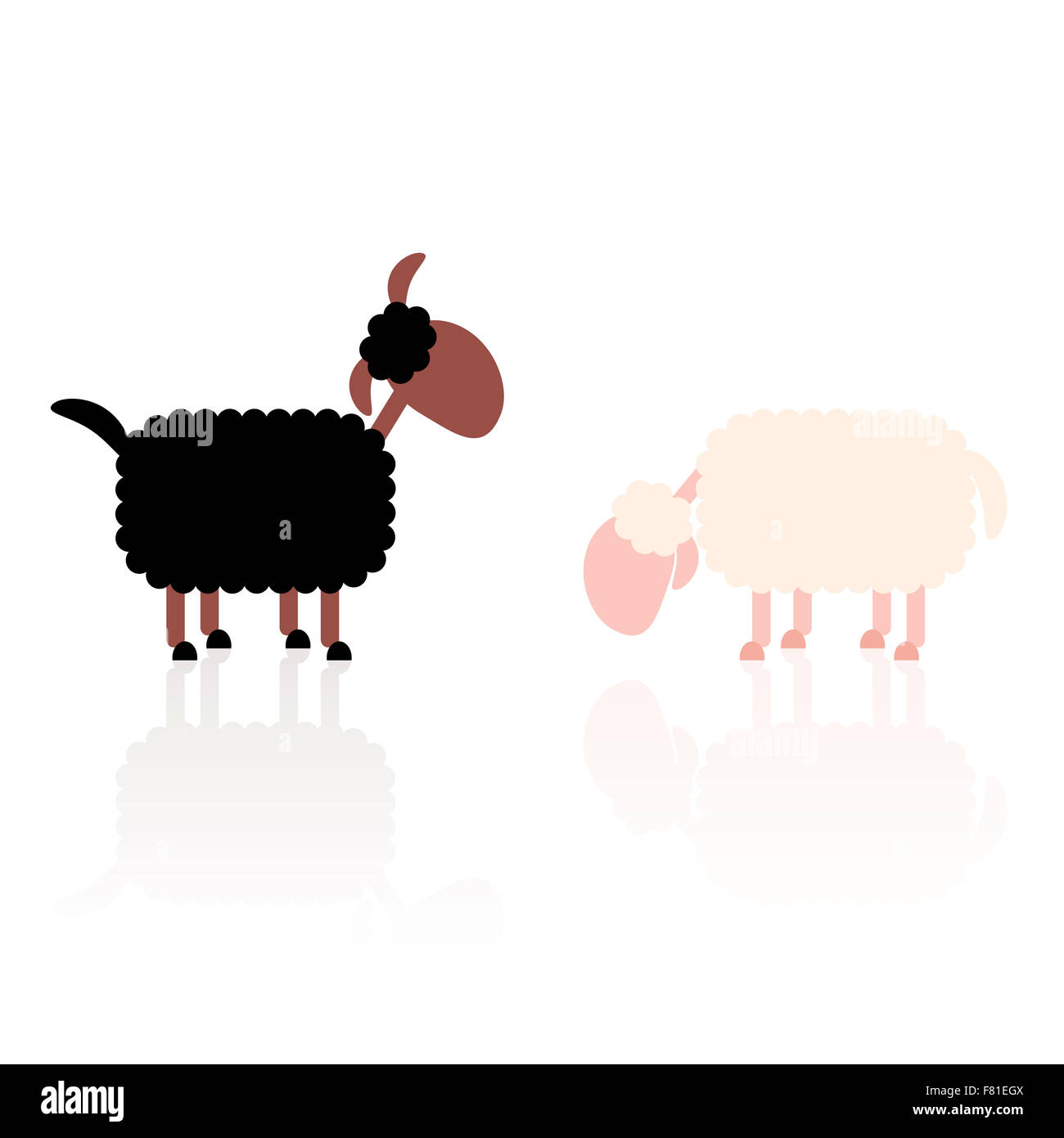 Black sheep and white sheep. Stock Photo