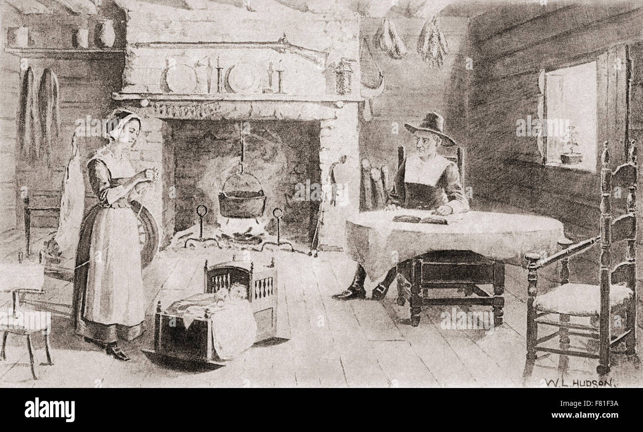 Interior of a New England pioneer's home in the 17th century. Stock Photo