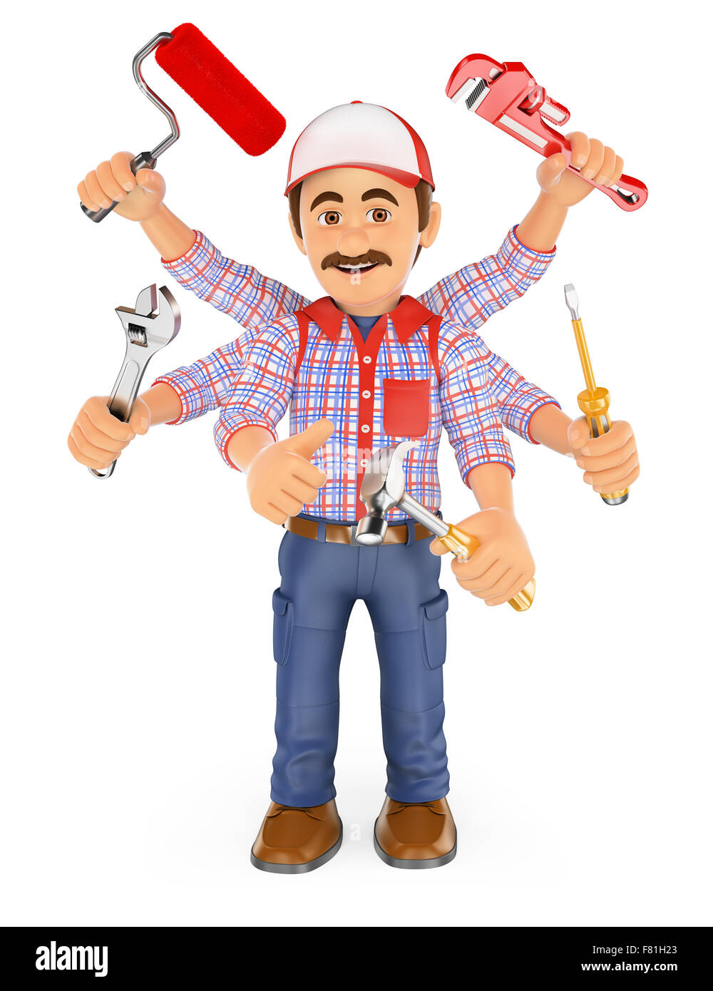 3d working people. Handyman multitasking with six arms. Isolated white ...