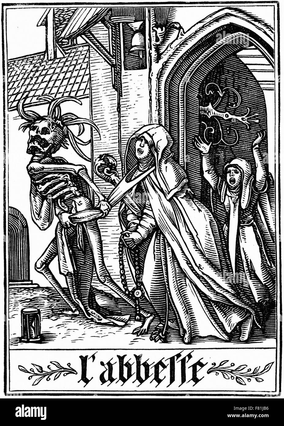 Hans Holbein the Younger - The Abbess visited by Death - Les Simulacres de la Mort (Dance of Death) - Wood engraving Stock Photo