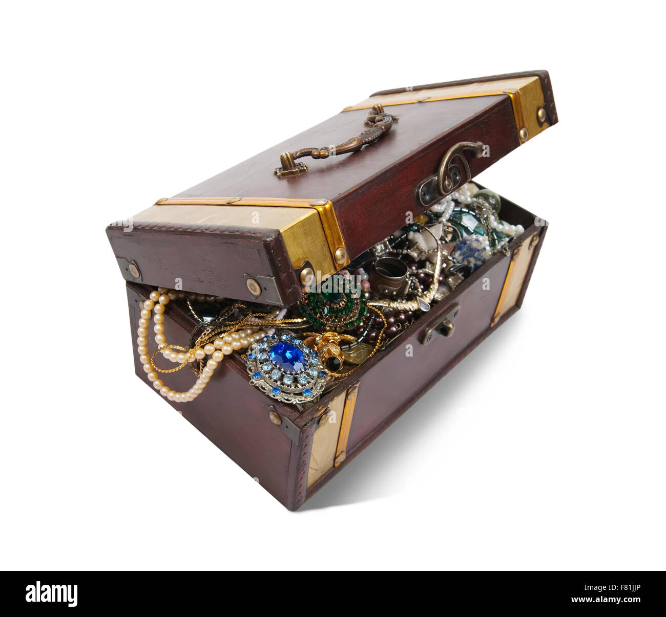 wooden treasure chest with valuables and gem, isolated with clipping