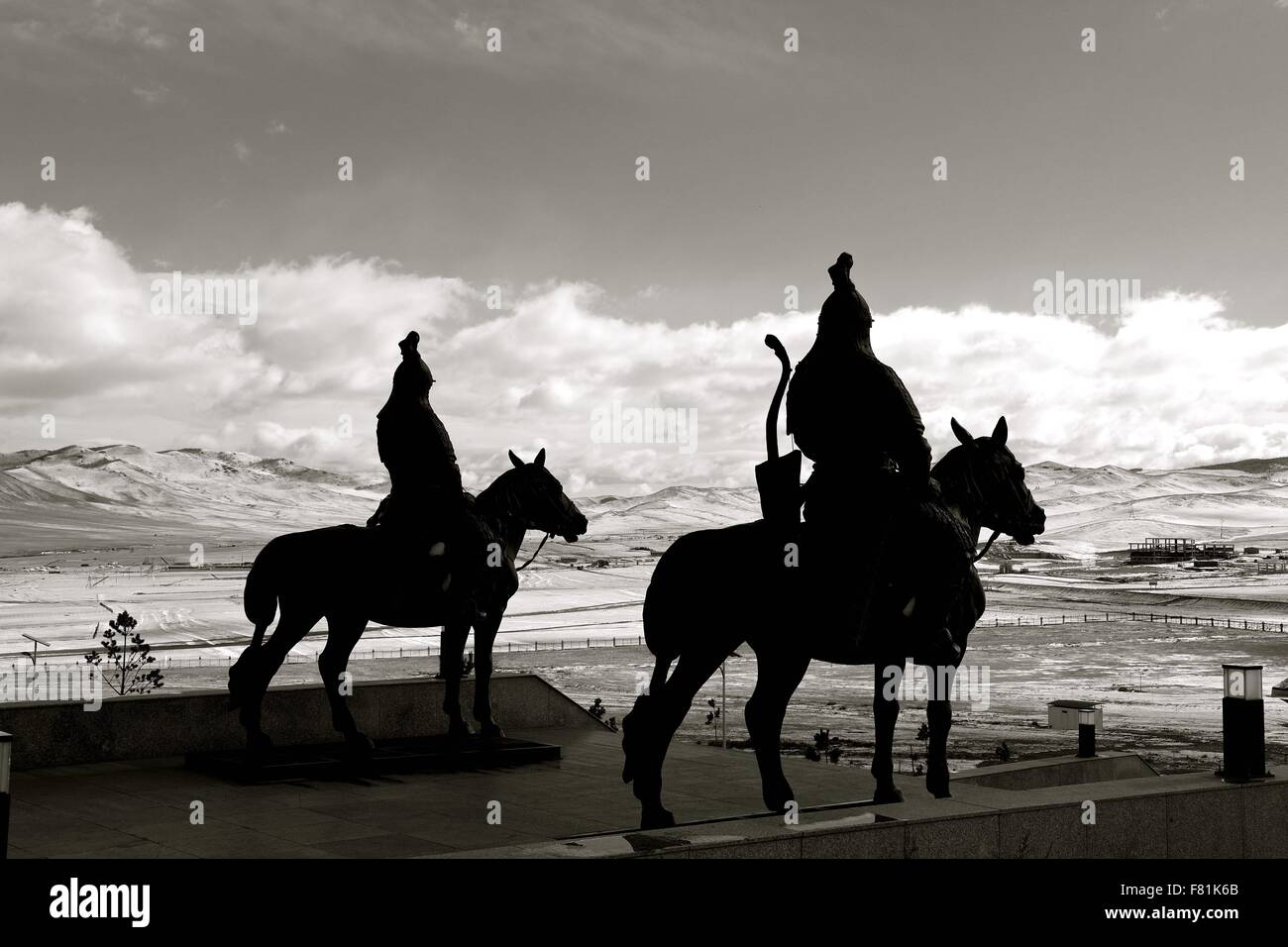 Equestrian statues of Warriors near the big Chinggis Khaan Statue in Ulaan Baatar Mongolia