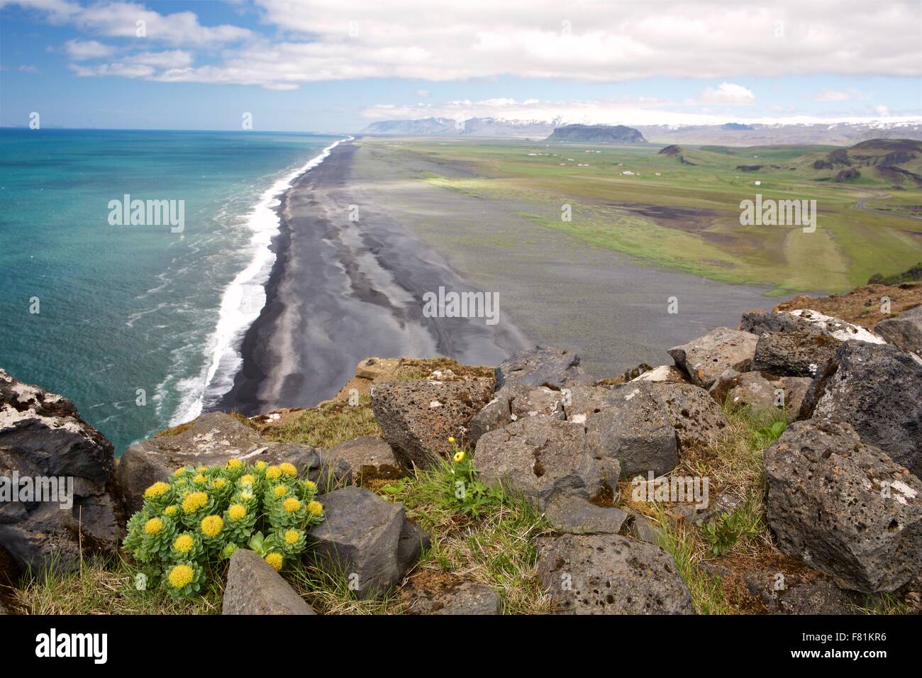View over Reynisfjara black sand beach from Dyrholaey, Iceland Stock Photo