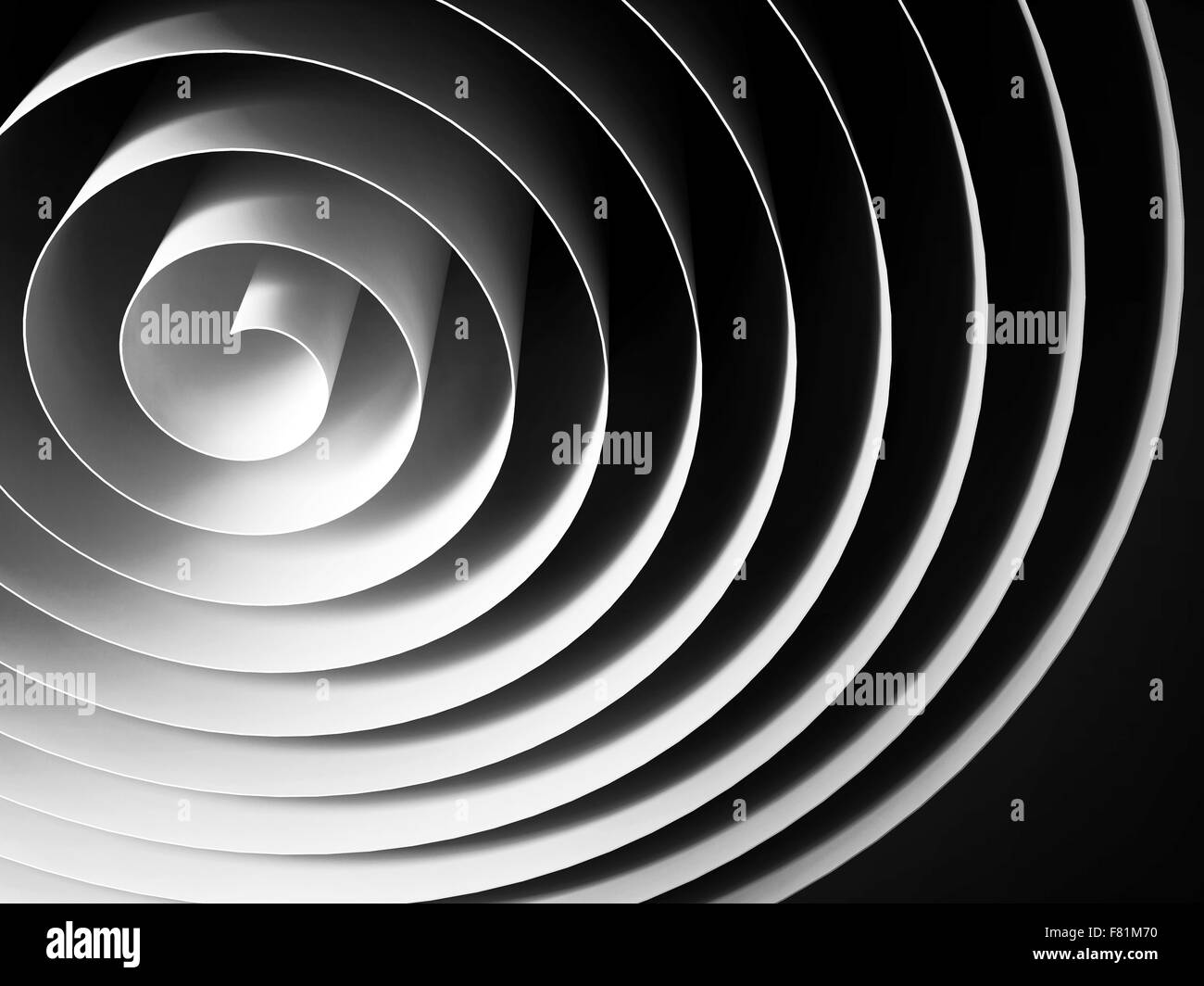 White 3d spiral made of paper tape with dark shadows over black background, abstract digital illustration Stock Photo