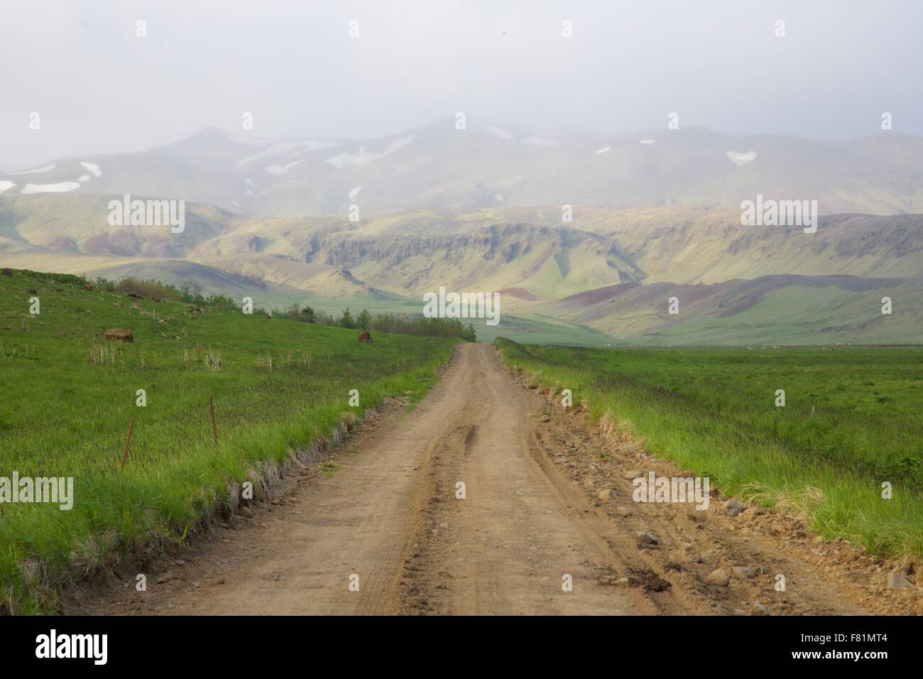 Long, open, empty roads in Iceland. The perfect place for a road trip. Stock Photo