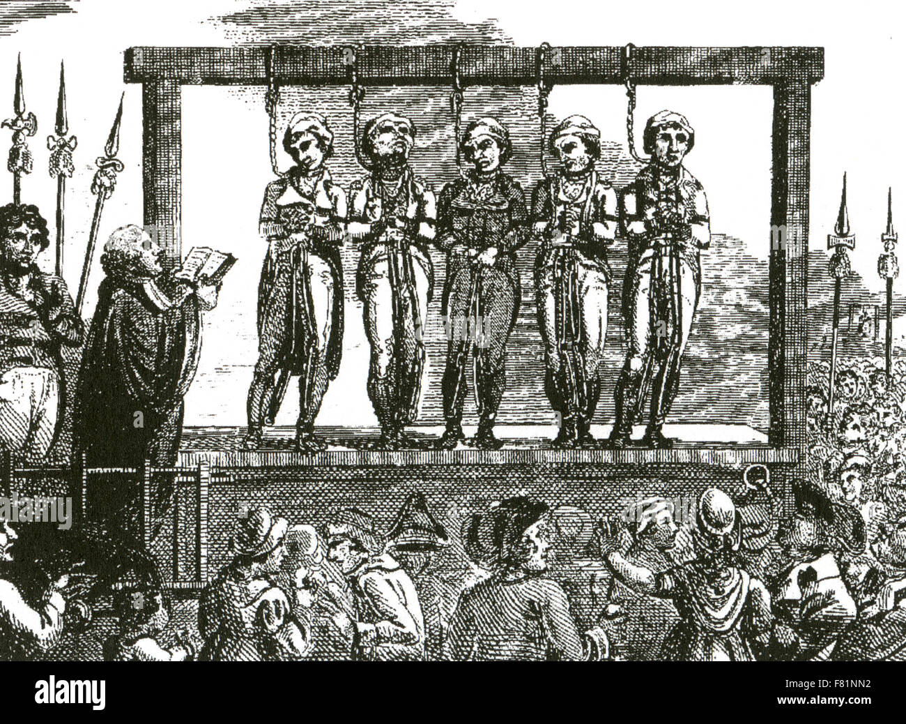 PUBLIC HANGING in 18th century London. At left a priest reds the last rites Stock Photo
