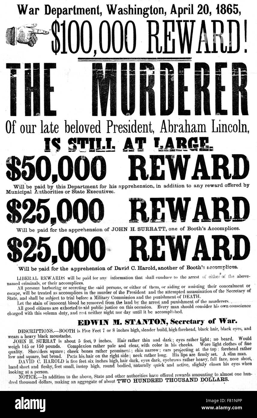 ABRAHAM LINCOLN Poster published on 20 April 1865 offering rewards for John Wilkes Booth and his two associates Stock Photo