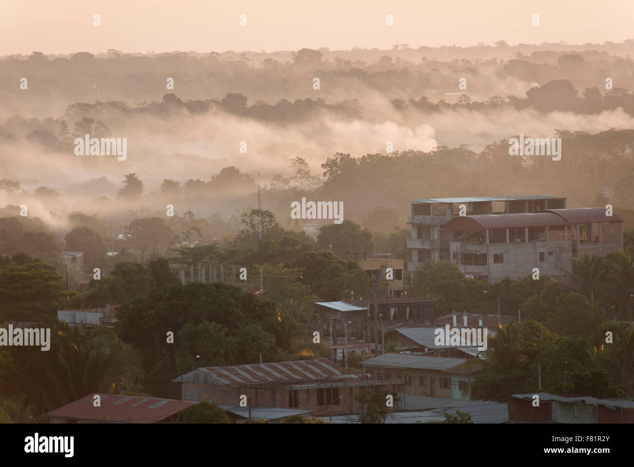 smoke haze from El Niño associated fires in Amazonia 2015, Puerto Maldonado, Madre de Dios, Peru Stock Photo