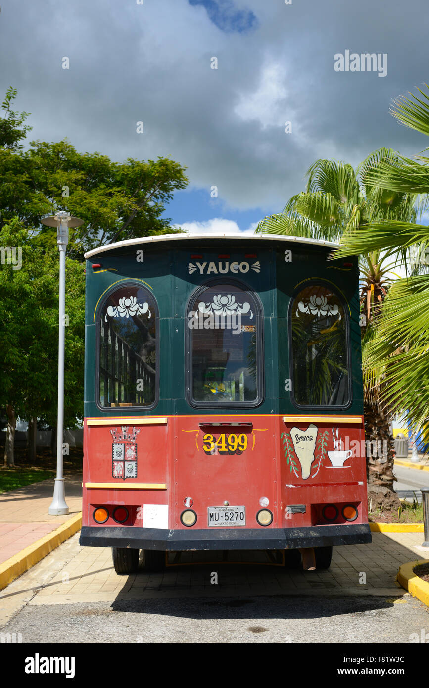 Trolley at the center plaza of the town of Yauco, Puerto Rico. USA territory. Caribbean Island. Stock Photo