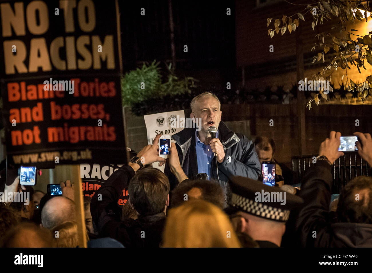 London, UK. 4th December, 2015. Labour party leader Jeremy Corbyn speaks outside Finsbury Park Mosque in North London at an anti-racist rally against the recent fire attack on the Mosque Credit:  Guy Corbishley/Alamy Live News Stock Photo