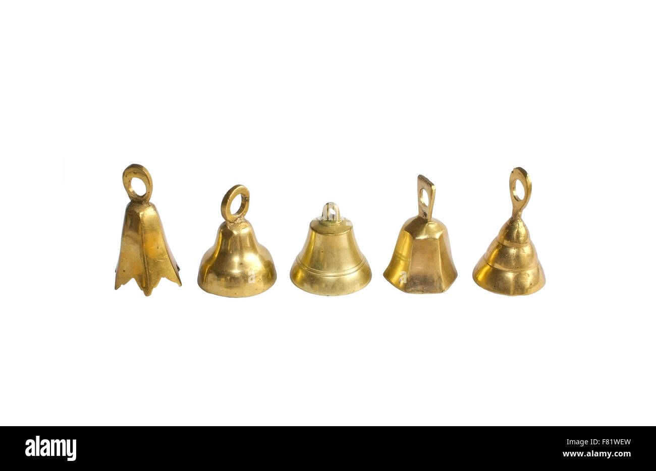 Brass bells Christmas decorations isolated on white Stock Photo