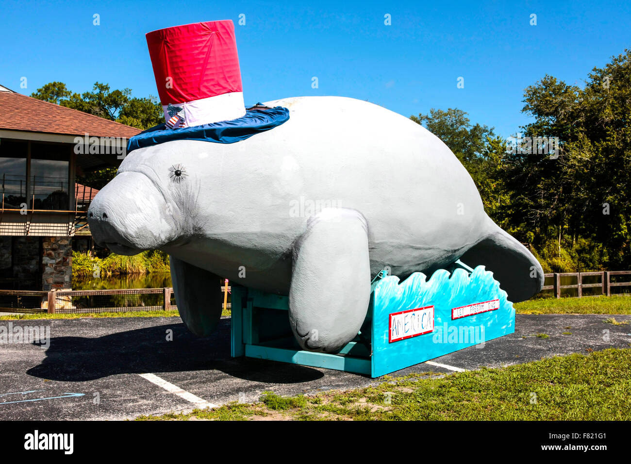 Giant plastic Manatee outside the Ellie Schiller Homosassa Springs Wildlife State Park entrance in Florida Stock Photo