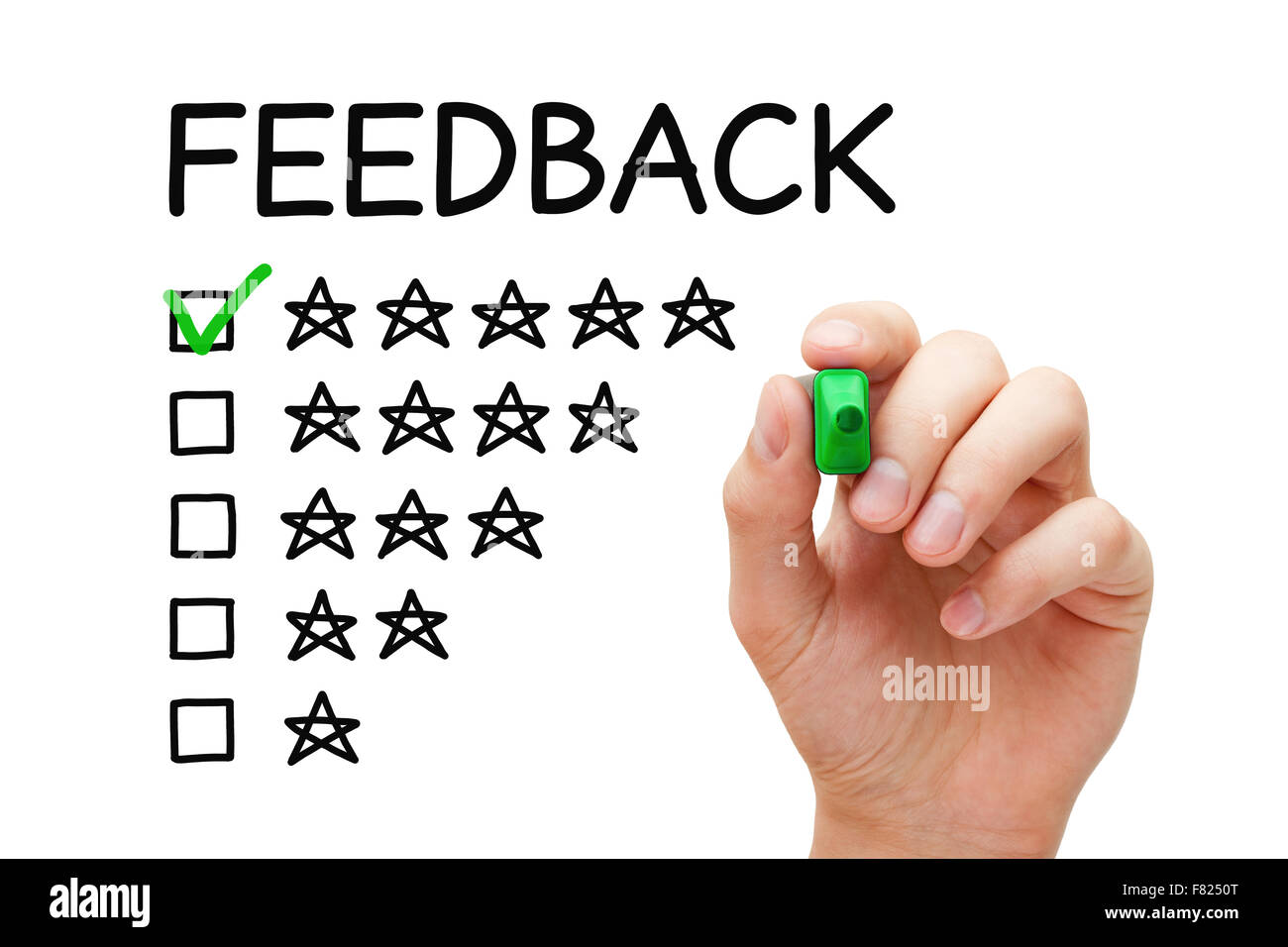 Hand putting check mark with green marker on five stars in feedback form. Stock Photo